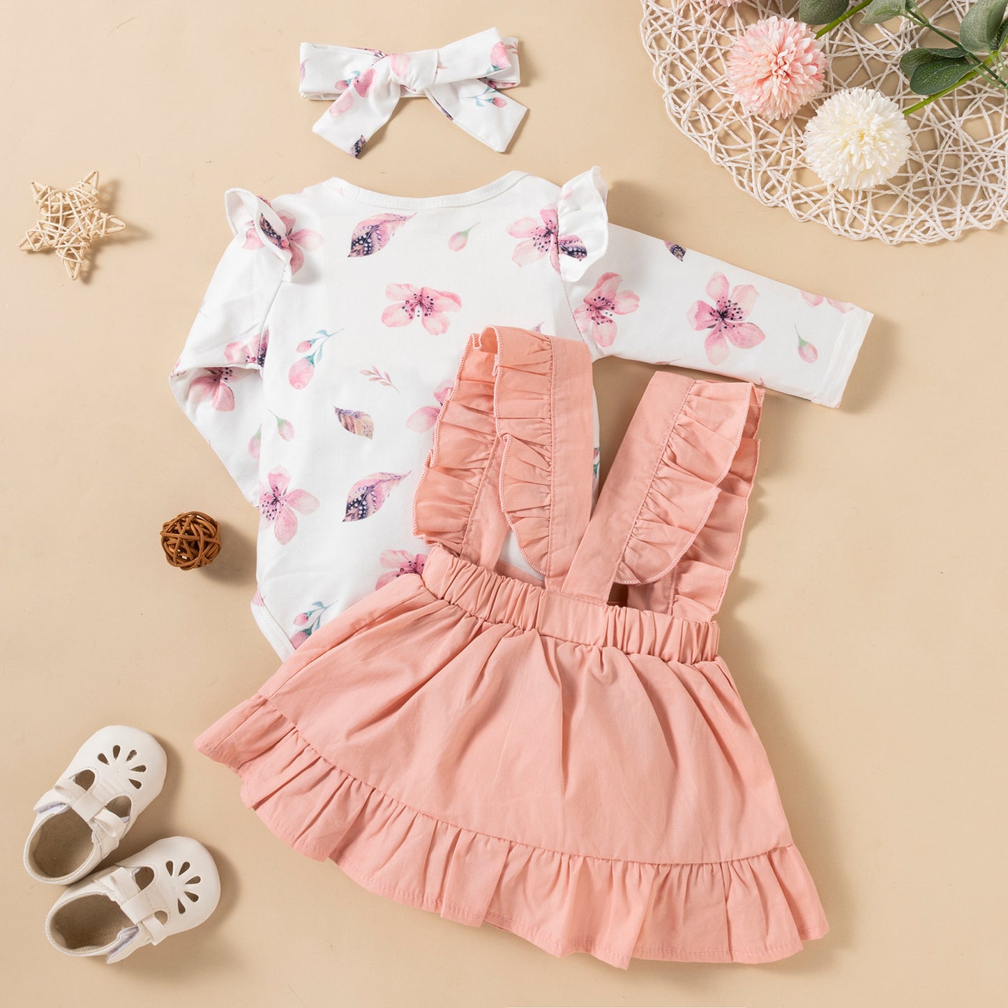 Baby Girl Three-Piece Ruffled Headdress Romper