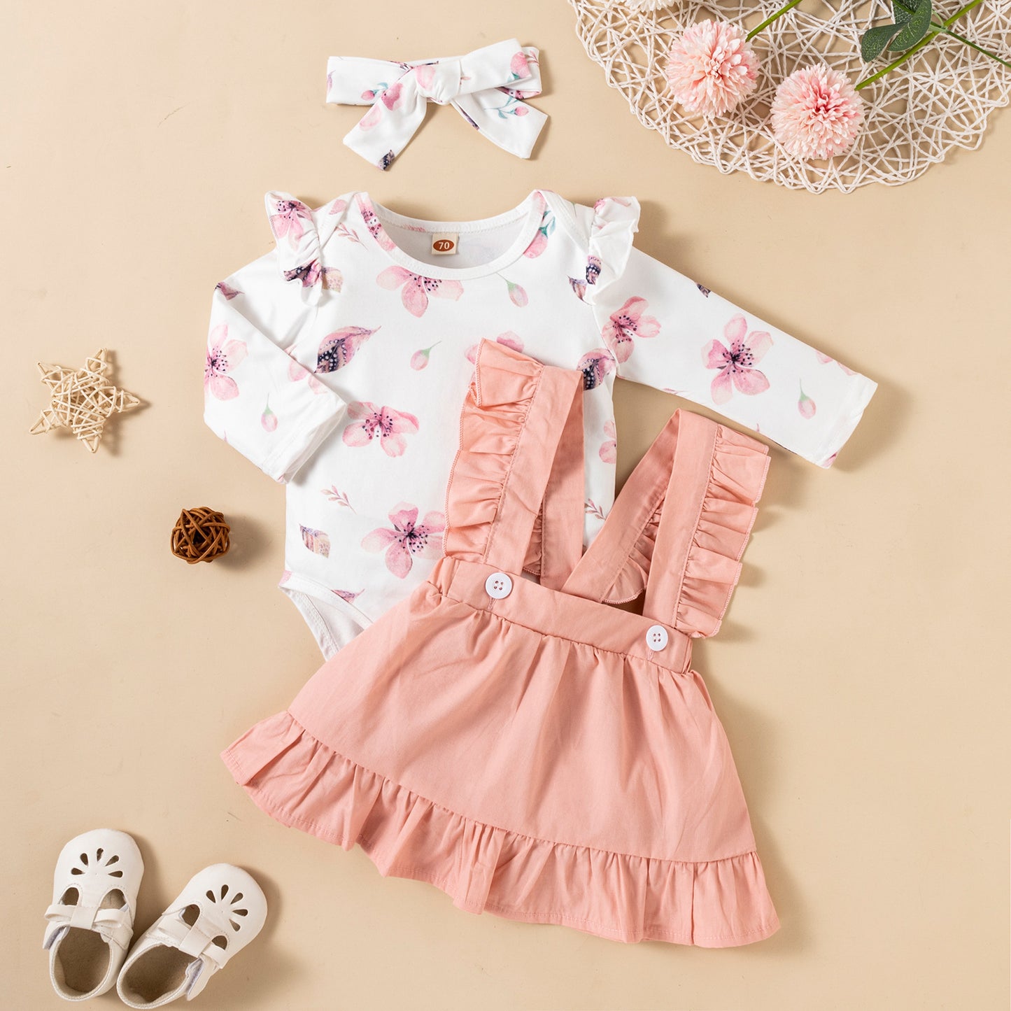 Baby Girl Three-Piece Ruffled Headdress Romper