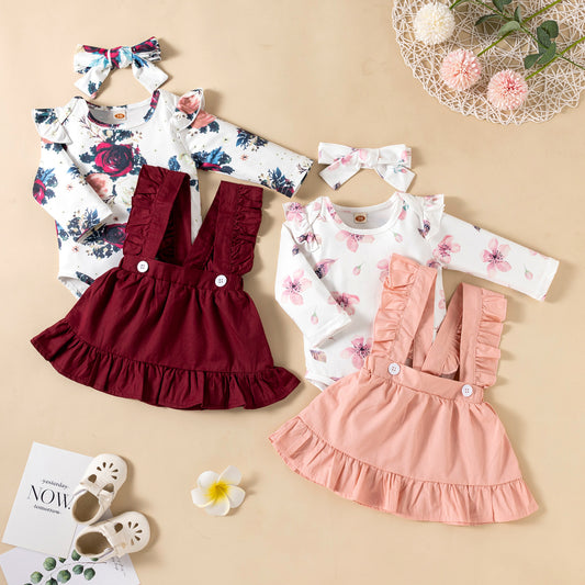 Baby Girl Three-Piece Ruffled Headdress Romper