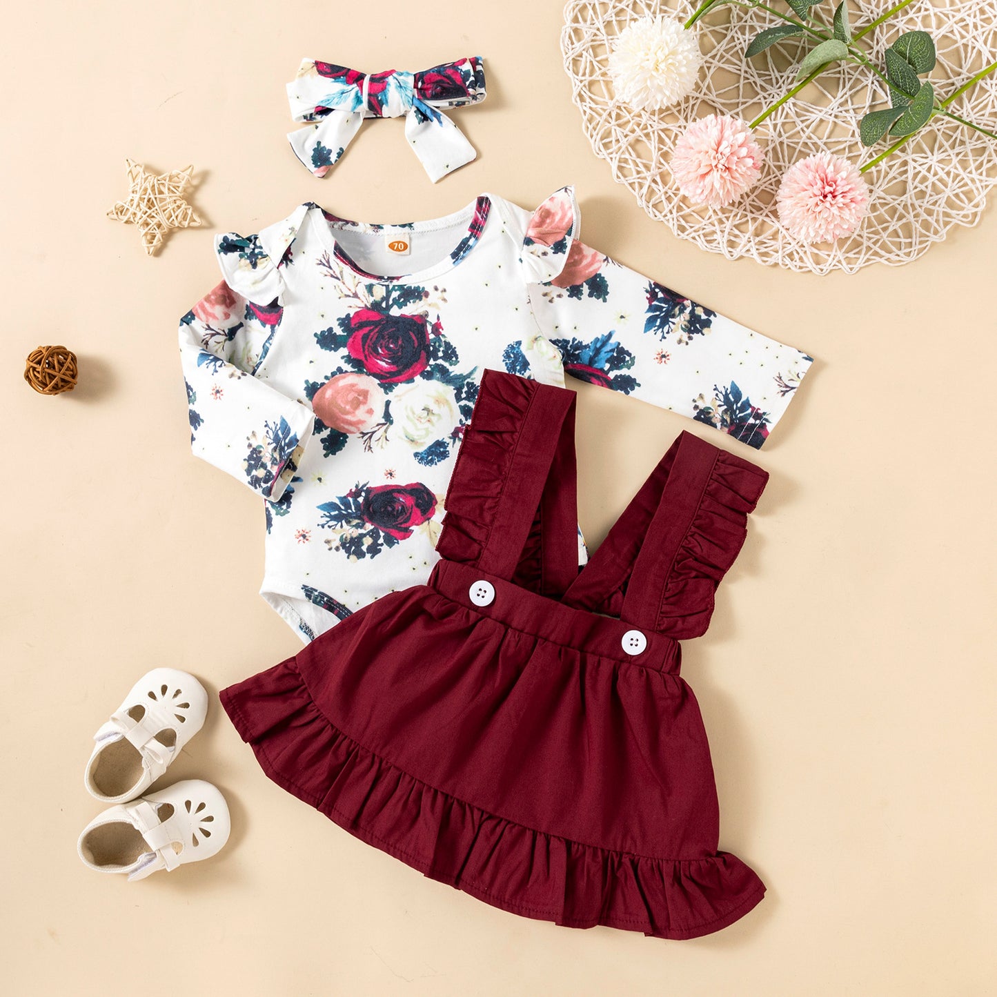 Baby Girl Three-Piece Ruffled Headdress Romper