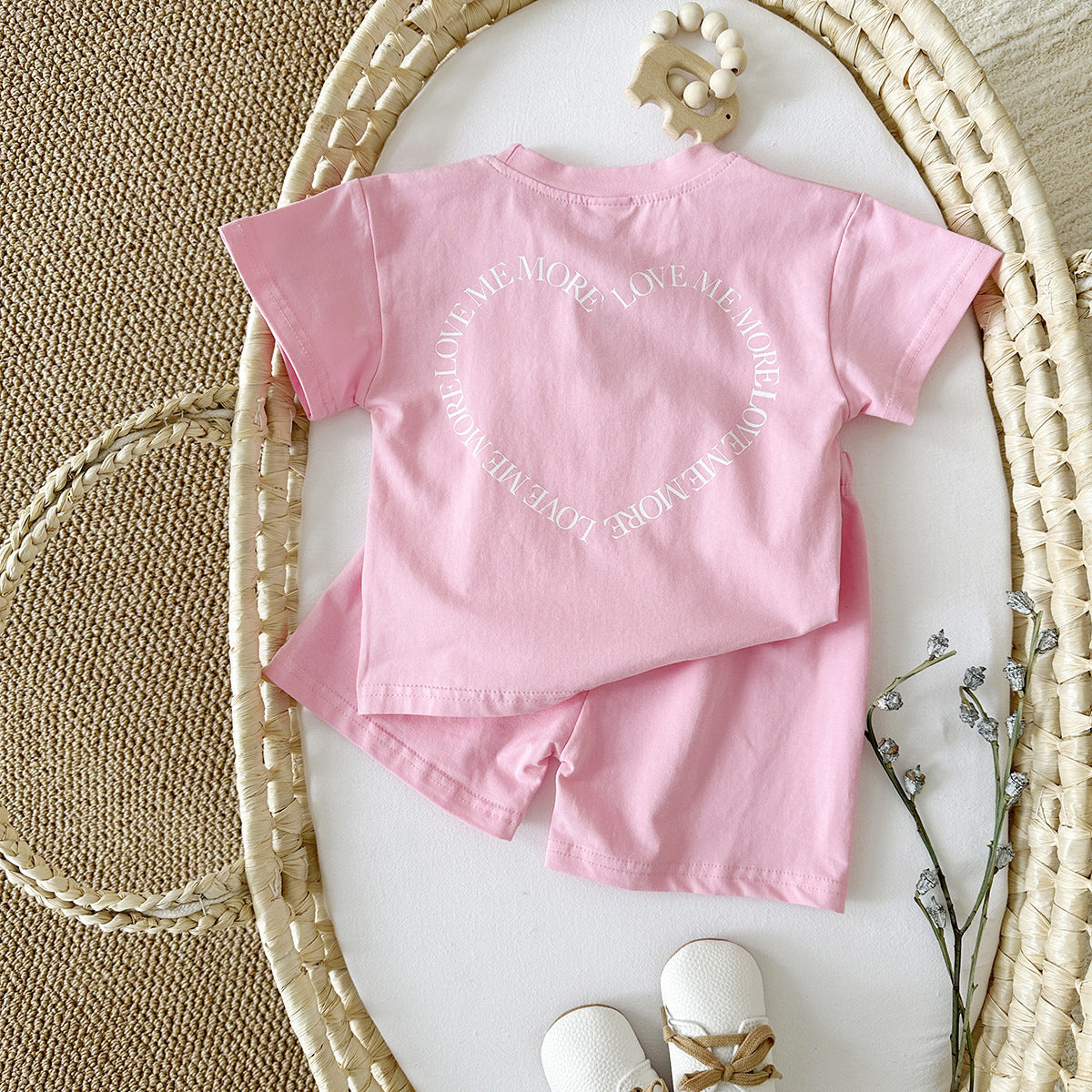 Girls Heart Printing Two-piece Short Sleeve Suit Set