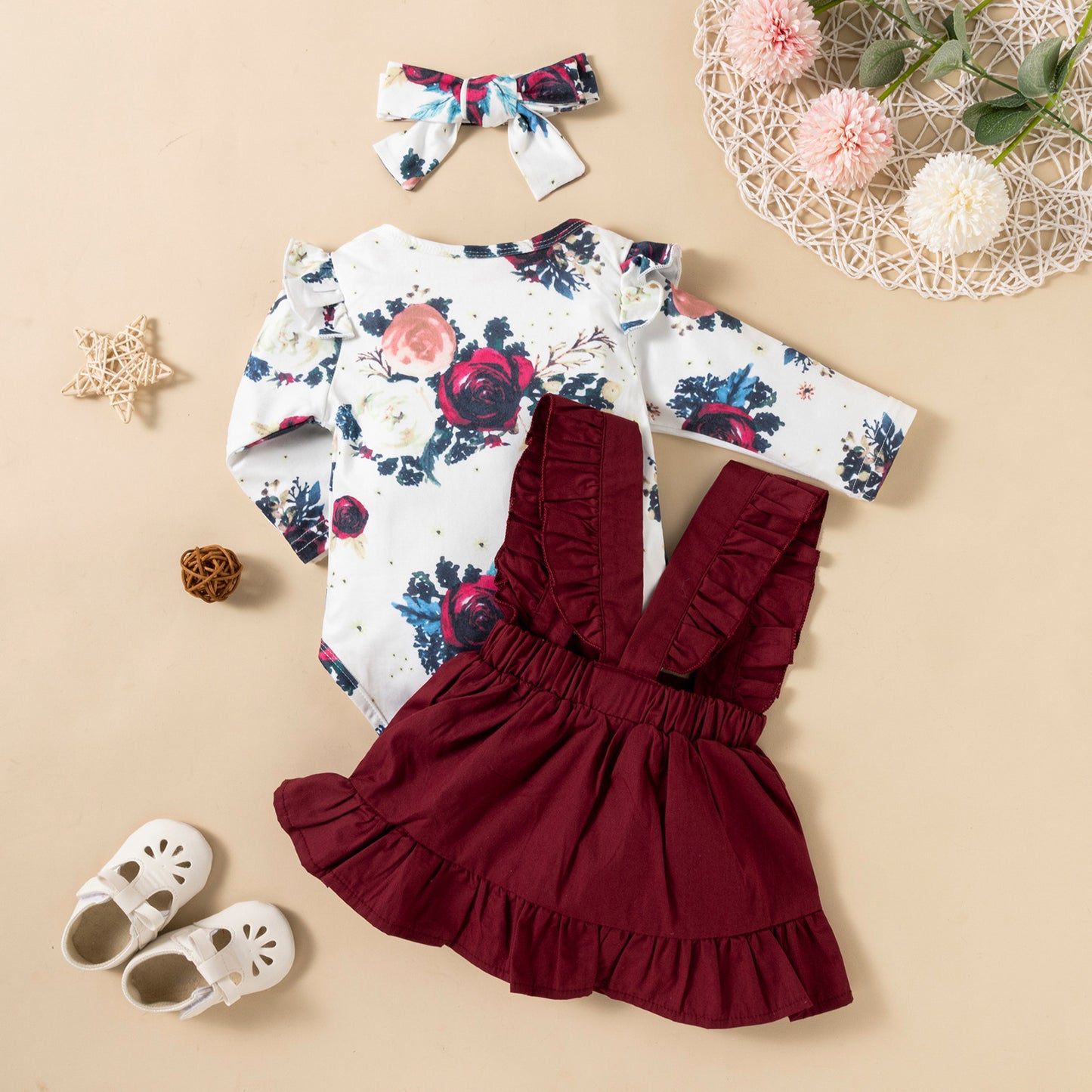 Baby Girl Three-Piece Ruffled Headdress Romper